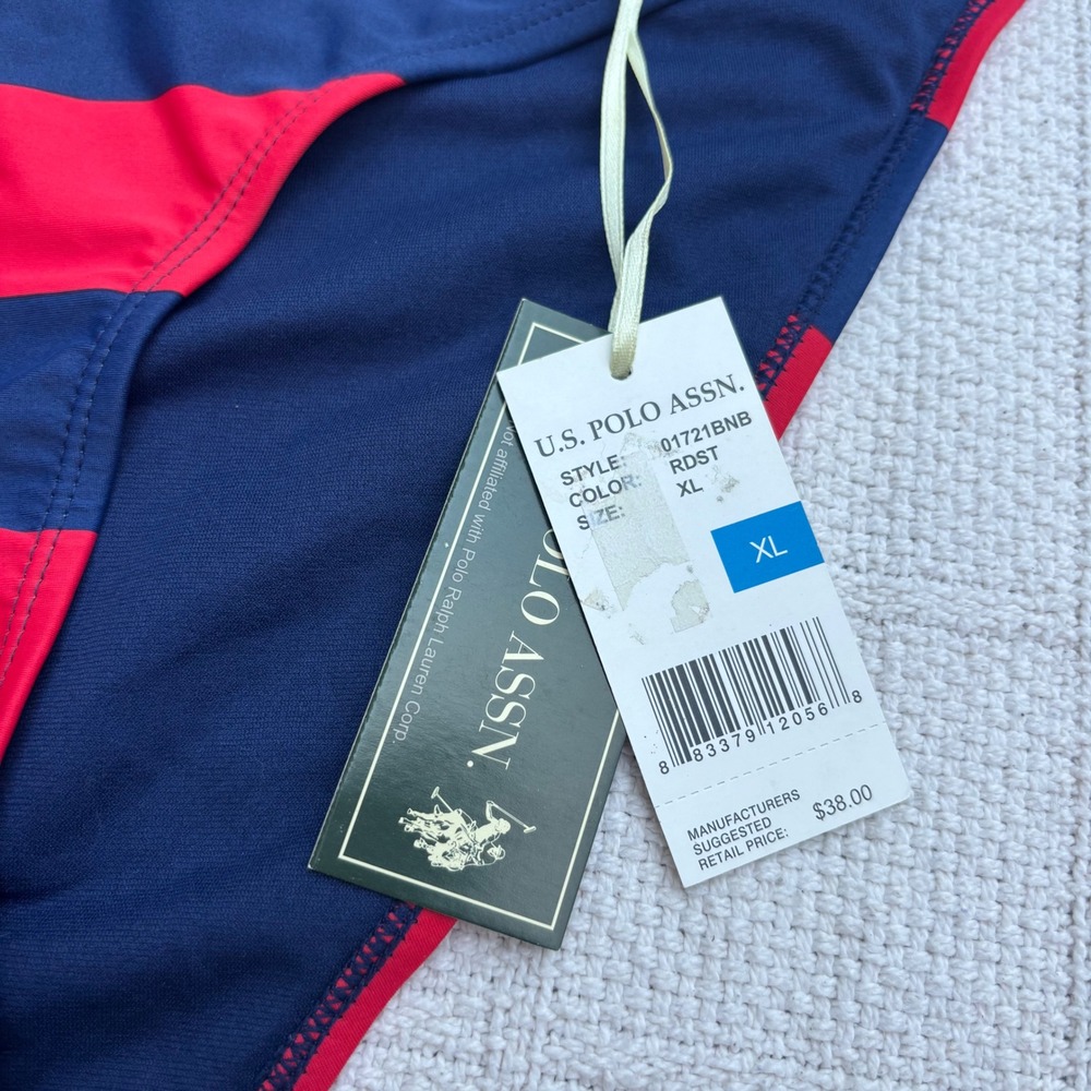 Women's XL Y2K US POLO ASSN Red Navy Blue Striped Gold O-Ring Bikini Bottoms NWT - Picture 2 of 6